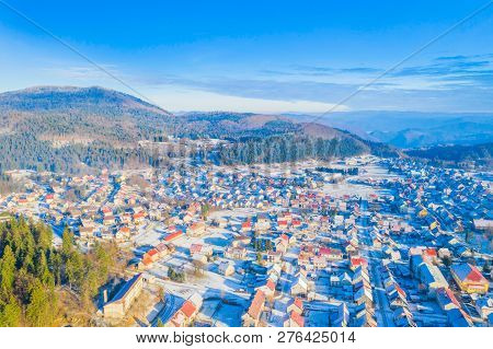Croatia, Delnice, Gorski Kotar, Panoramic View Of Town Center From Drone In Winter, Mountain Landsca