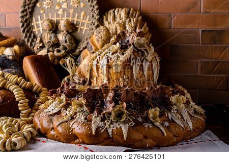 Karavay, Loaf Traditional Bread. Loaf With Floral Patern Of Flowers And Leaves. Ukrainian National T