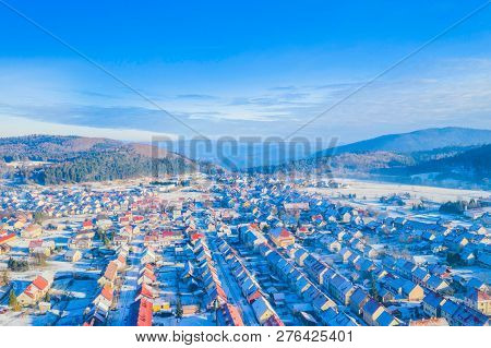 Croatia, Delnice, Gorski Kotar, Panoramic View Of Town Center From Drone In Winter, Mountain Landsca