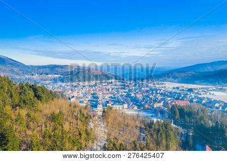 Croatia, Delnice, Gorski Kotar, Panoramic View Of Town Center From Drone In Winter, Mountain Landsca