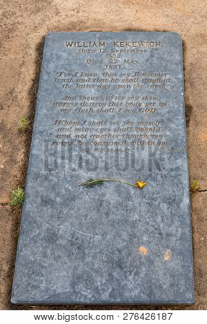 Clanwilliam, South Africa, August 28, 2018: A Tombstone At The Historic First Dutch Reformed Church 