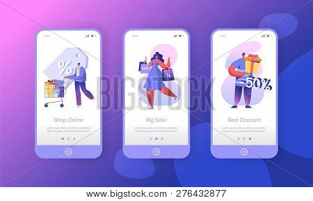 Woman Shopping Sale Store Mobile App Page Onboard Screen Set. Cusomer Character Run For Big Ecommerc