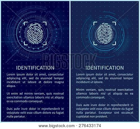 Identification Fingerprints Posters Set With Text Sample Vector. Fingermark And Thumbprint Authoriza