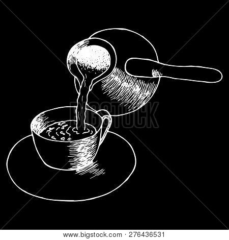 Coffee Pouring From Cezve To Cup. Contour Hand Drawn Sketch. White Vector Illustration Isolated On B