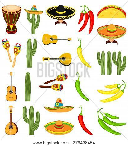 Colorful Cartoon 23 Mexican Elements. Fiesta Carnival Set. Mexico Theme Vector Illustration For Icon