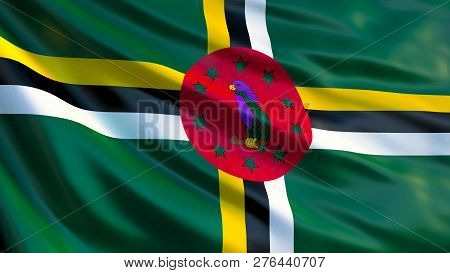 Dominica Flag. Waving Flag Of Dominica 3d Illustration. Roseau