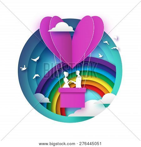 Fall In Love. White Romantic Lovers. Pink Paper Hotair - Heart Shape In Paper Cut Style. Happy Valen