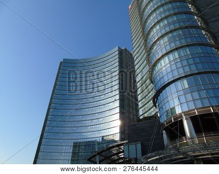 Milan, Italy - 02/14/2018: Amazing Caption Of Some Of The Skyscraper From Milan Commercial Center Wi