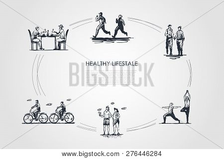 Healthy Lifestyle - People Jogging, Walking, Doing Yoga, Sunbathing, Riding Bicycles And Drinking Te
