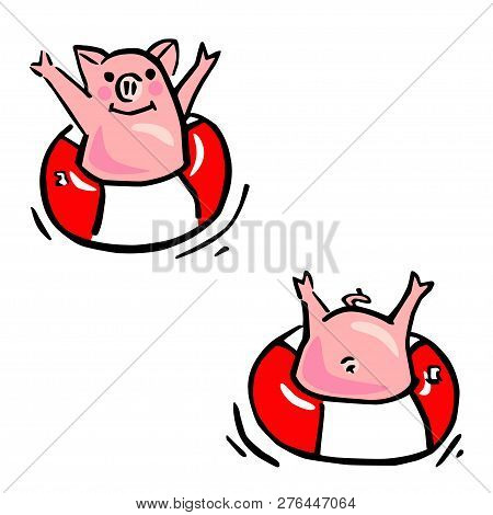 Anthropomorphic Funny Colour Piglets In The Water