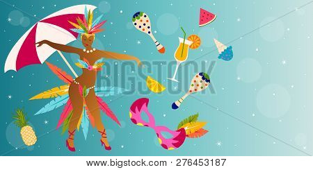 Carnival In Rio De Janeiro With Samba Dancer Girl Pattern On A Blue Background Banner