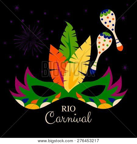 Carnival Mask With Feathers And Maracas On Black Background