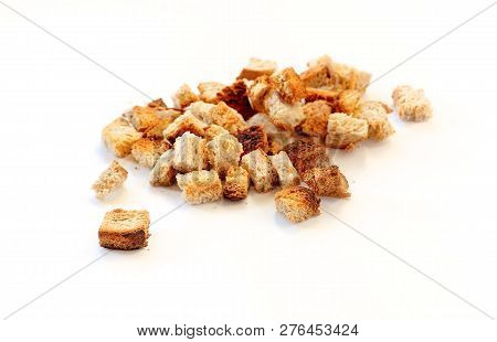 Croutons Isolated White Background. Home-made Bread Croutons