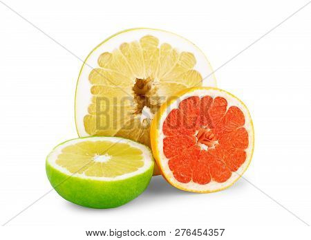 Isolated Citrus Fruits. Slices Of Orange, Pink Grapefruit, Lime And Lemon Fruits Isolated On White B