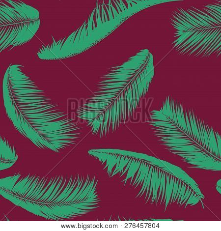 Vector Feathers. Tropical Seamless Pattern With Exotic Jungle Plants. Coconut Tree Leaf. Simple Summ