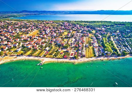 Adriatic Sea And Vransko Lake Aerial View, Town Of Pakostane, Dalmatia Region Of Croatia