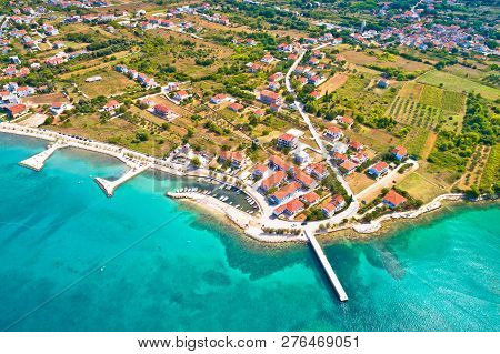 Zaton Emerald Beach And Harbor Aerial View, Dalmatia Region Of Croatia