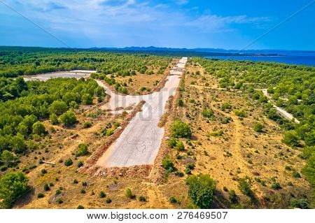 Abandoned And Destroyed Airport Runway In Zadar Sepurine Aerial View, Dalmatia Region Of Croatia