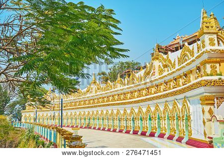 Distinctive Colonnade Of U Min Thonze Temple With Rich Gilt Patterns And Numerous Images Of Lord Bud
