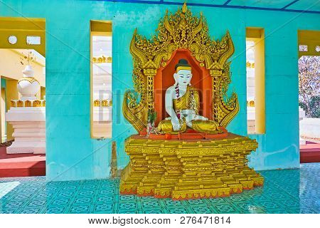 Sagaing, Myanmar - February 21, 2018: The Colorful Interior Of The Image House Of U Min Thonze Templ