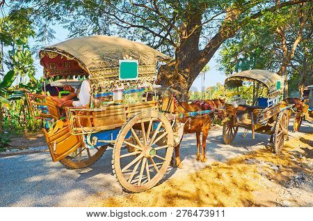 The Line Of Horse-drawned Carts, Parked Along The Shady Road At The Tourist Place, Ava (inwa), Myanm