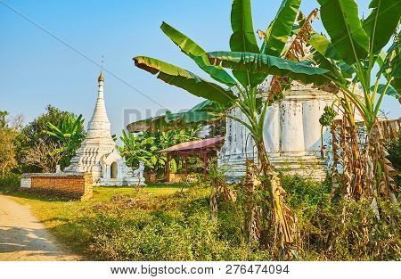 The Small Carved Stupa Of Desada Taya Complex Is Seen Behind The Thickets Of Banana Palms, Ava (inwa