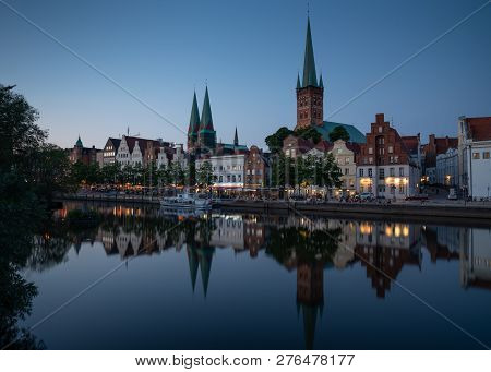 Luebeck, Germany - June 7, 2018: Panorama Of The Hanseatic City Of Luebeck At Dusk On June 7, 2018 I