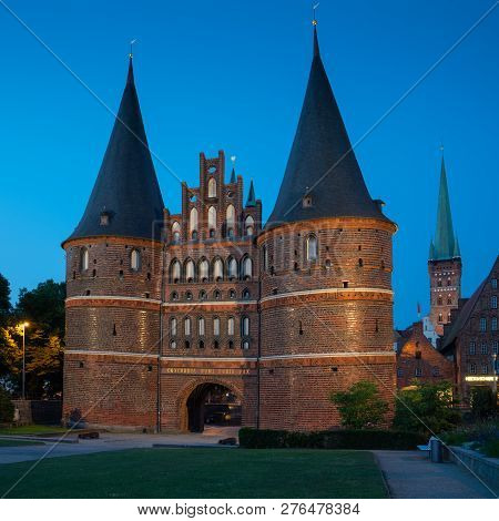 Luebeck, Germany - June 7, 2018: Historic Holsten Gate, Landmark Of The Hanseatic City Of Luebeck At