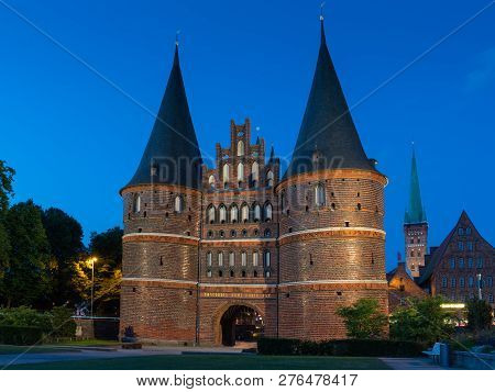 Luebeck, Germany - June 7, 2018: Historic Holsten Gate, Landmark Of The Hanseatic City Of Luebeck At
