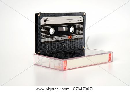 Prague, Czech Republic - November 29, 2018: Audio Compact Cassette Yoko 90. Audio Cassette On A Whit