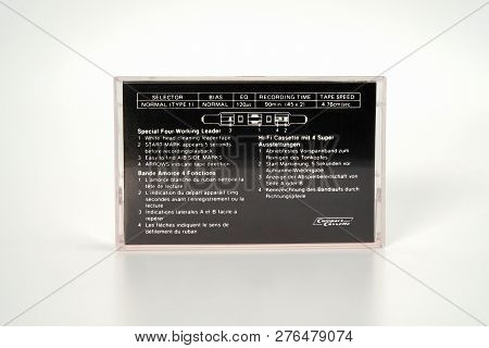 Prague, Czech Republic - November 29, 2018: Audio Compact Cassette Yoko 90. Audio Cassette On A Whit