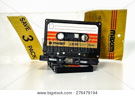 Prague, Czech Republic - November 29, 2018: Three Audio Compact Cassette Maxim Ln 90. Worst Audio Ca