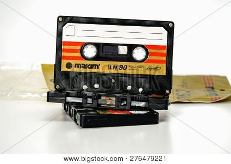Prague, Czech Republic - November 29, 2018: Three Audio Compact Cassette Maxim Ln 90. Worst Audio Ca