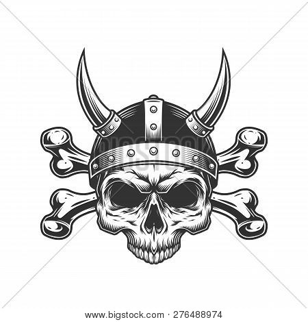 Vintage Viking Skull In Horned Helmet And Crossbones Isolated Vector Illustration