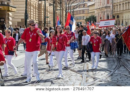Prague, Czech Republic - July 1, 2018: Visitors From Usa Parading At Sokolsky Slet, A Once-every-six