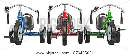 Set Of Colored Kids Tricycles, 3d Rendering Isolated On White Background