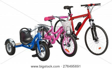 Children's Tricycle, Bicycle And Adult Bike. 3D Rendering