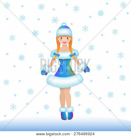 New Year Greeting Card Template. Snow Maiden, Sneguroschka, Snow Girl. Christmas Gift Card With Russ