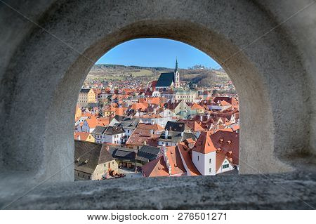 View Of Cesky Krumlov From A Window In Bohemia, Czech Republic.