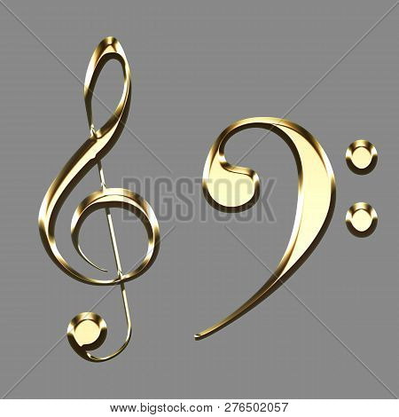 Golden Treble Clef And Bass Clef Signs Illustration On Grey Background - Key Sol - Music Symbols