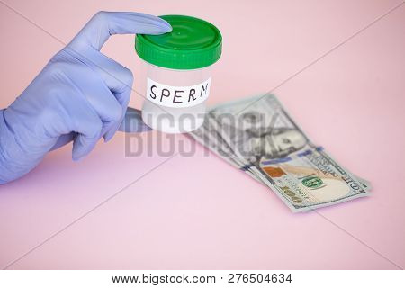 Health. Sperm Analysis. Concept Of Bank Sperm. Infertility. Doctors Hand Holding Container For Analy