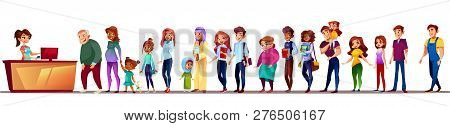 People In Long Queue Illustration. Black Afro American Pregnant Woman With Girl, Saudi Arabian Old M