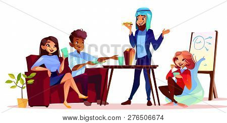 Coffee Break At Presentation Illustration. Arabian Man Treating Guests With Food And Drink At Inform