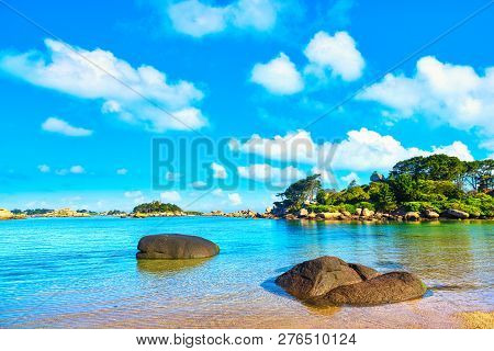 Ploumanach, Ock And Bay Beach In Morning. Pink Granite Coast, Perros Guirec, Brittany, France. Europ