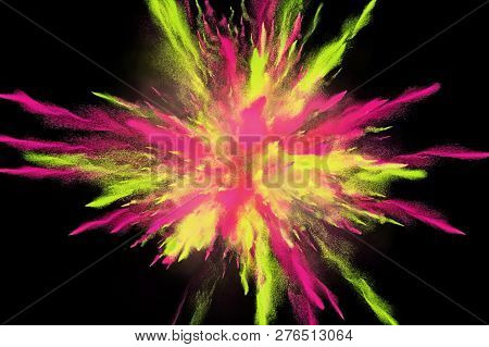 Cg 3d Illustration Of Powder Explosion With Blue And Violet Colors On Black Background. Slow Motion 