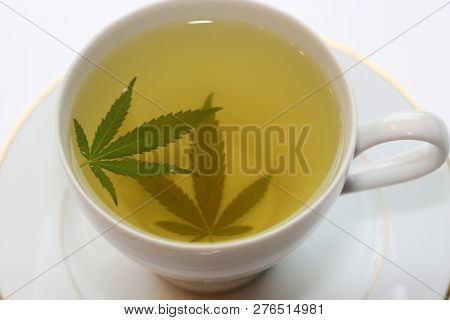 Cannabis Tea. Marijuana Tea. Hemp Tea with a Marijuana Leaf in a white Tea Cup. Isolated on white. Room for text. 