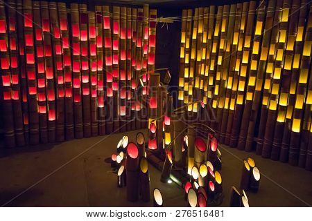 Fukuoka, Japan - October 20, 2018: Illuminated colorful  lanterns made from bamboo for the Hakata Tomyo Watching festival at night