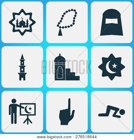 Religion Icons Set With Tower, Church, Hijab And Other Shawl Elements. Isolated  Illustration Religi