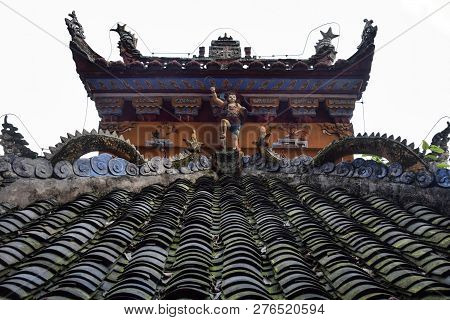 Decorative Ridge Of A Temple In Village Shibaozhai Near The City Of Wushan On The Yangtze River Near