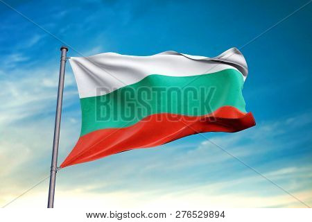 Bulgaria Flag Waving Against Clean Blue Sky, Close Up